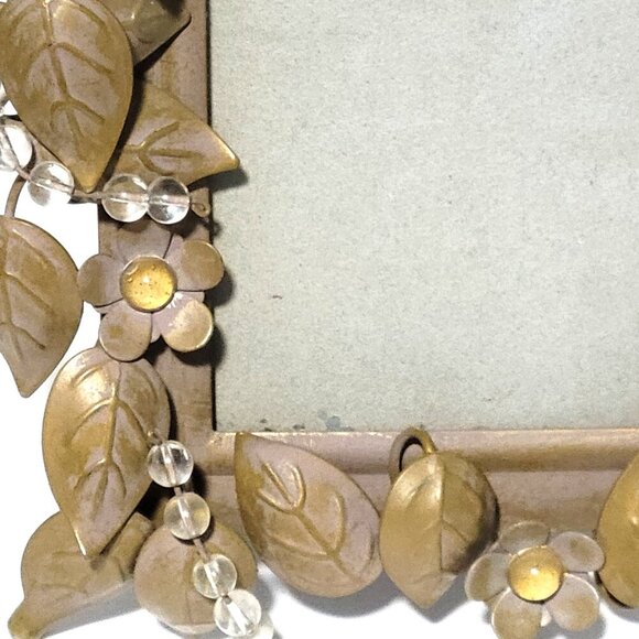 Party Lite 4" x 6" Picture Frame Rustic Golden Leaves Beaded Metalwork Vintage - Picture 3 of 5